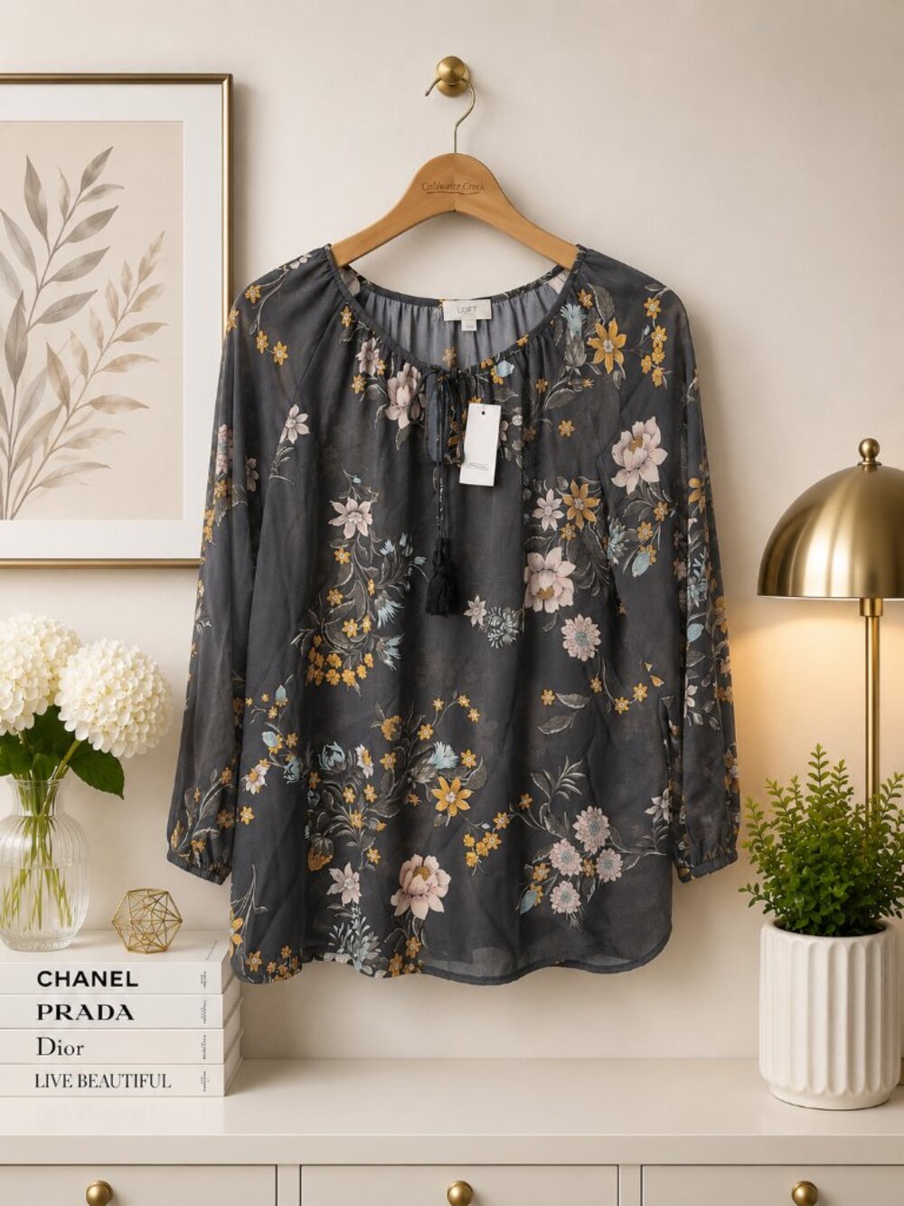 LOFT Outlet Floral Tassel Tie Blouse Coal Grey Long Sleeve Top M NWT
